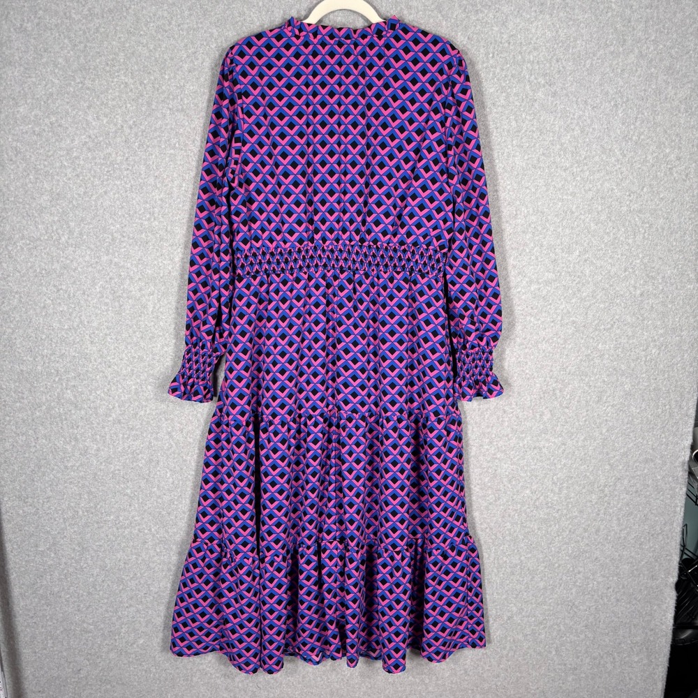 Pretty Garden Tiered Midi Dress XL Pink‎ Blue Geometric Smocked Retro Maximalist - Picture 9 of 13